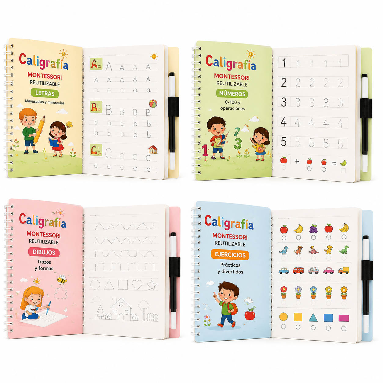 Kit de 4 Libros de Caligrafía Montessori Reutilizables