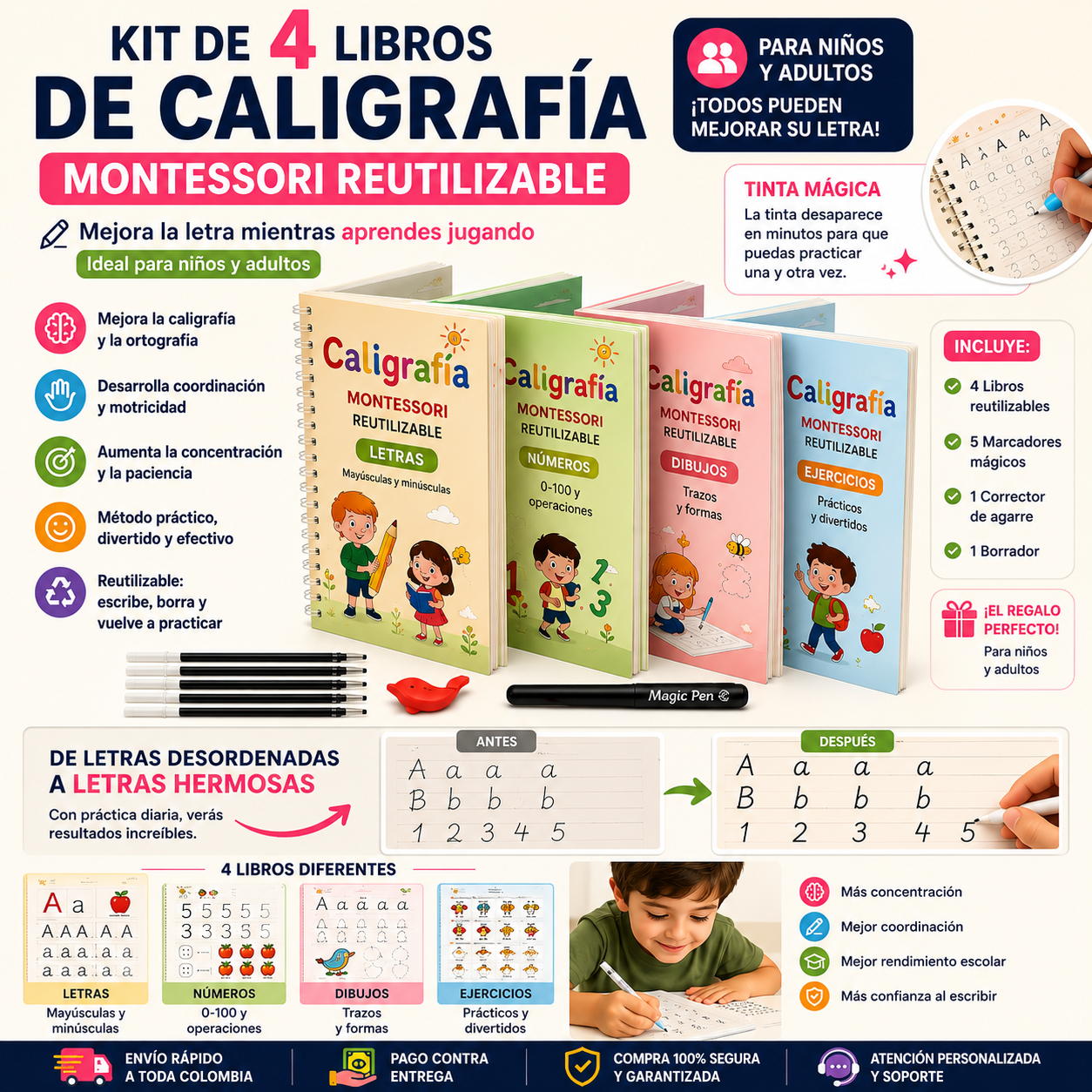 Kit de 4 Libros de Caligrafía Montessori Reutilizables