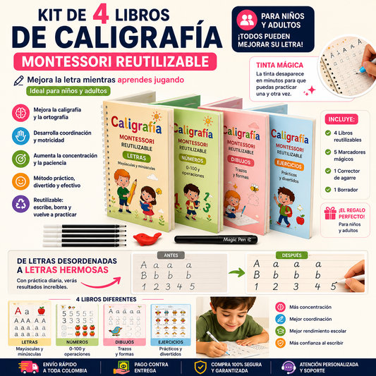 Kit de 4 Libros de Caligrafía Montessori Reutilizables